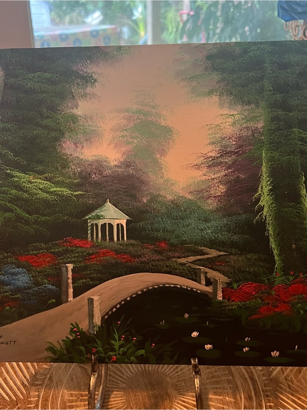 🦚 Hand Painted Tom Scott Oil Gazebo Garden Landscape Wall Art 12” by 16”